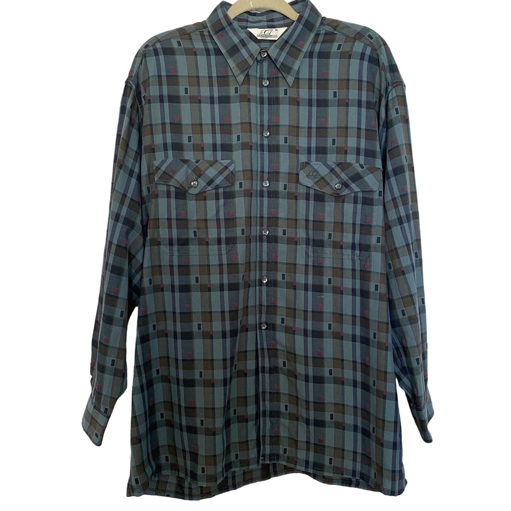 🌵 Gabicci 1980's Vintage Men's Blue Plaid Casual Button-Down Shirt - Size XL